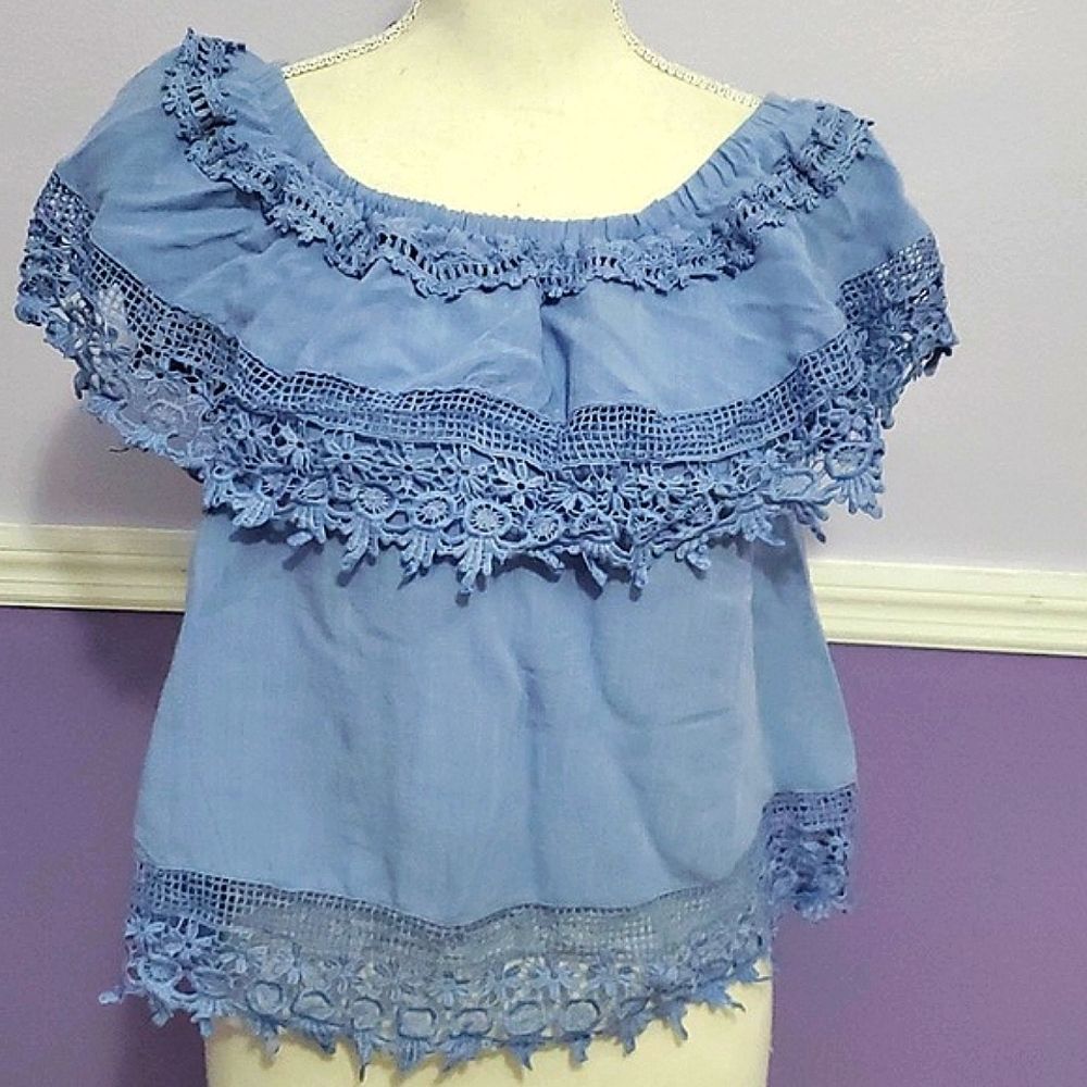 LoveRichie Light Blue Off Shoulder Ruffled Laced Boho Romantic Prairie Top M